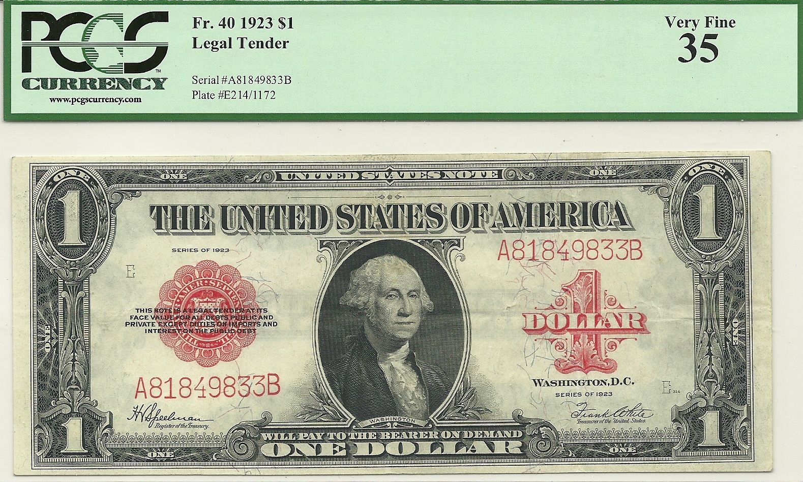 1923  $1 RED SEAL LEGAL TENDER NOTE- FR. 40 - SUPER BRIGHT PCGS VERY FINE 35