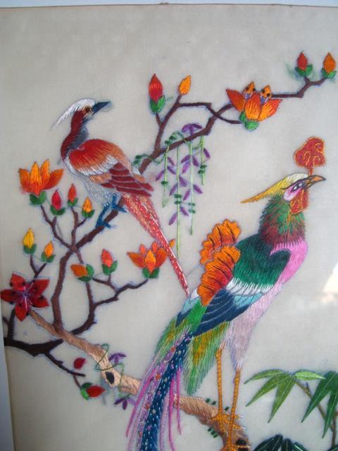 Asian Silk Embroidered Pheasant Bird Picture - 15'' x 12'' Framed Wall Hanging