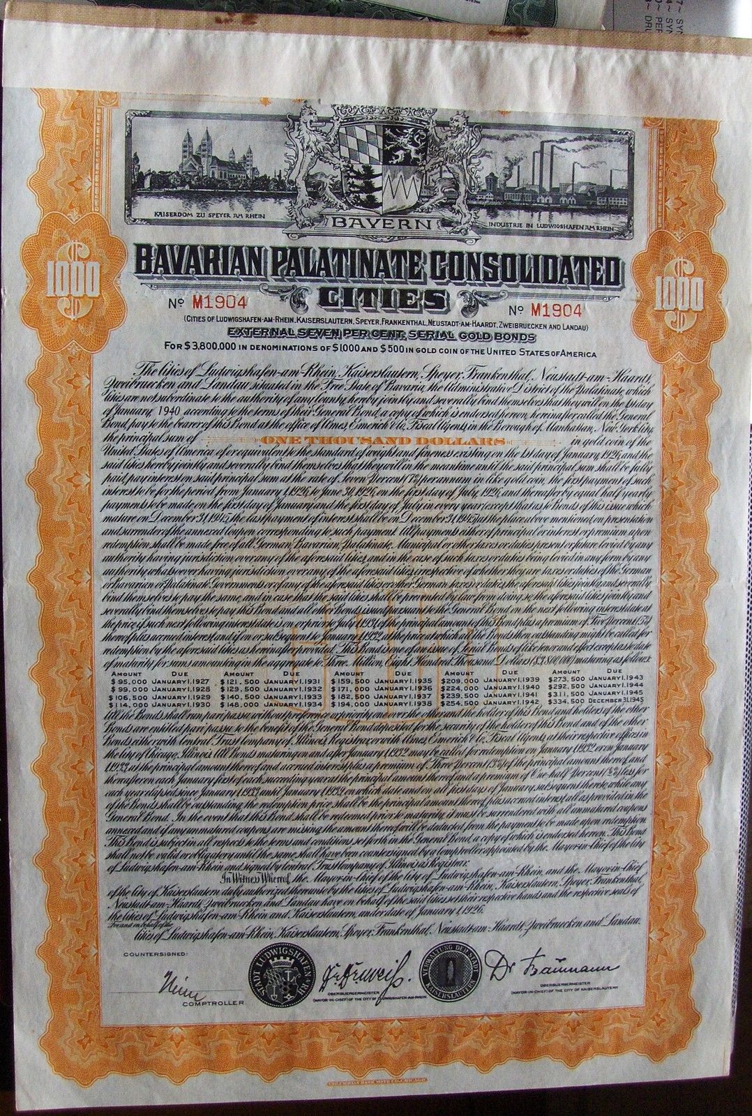 GERMANY BAVARIAN PALATINATE CITIES GOLD BOND, 1926 for $1000