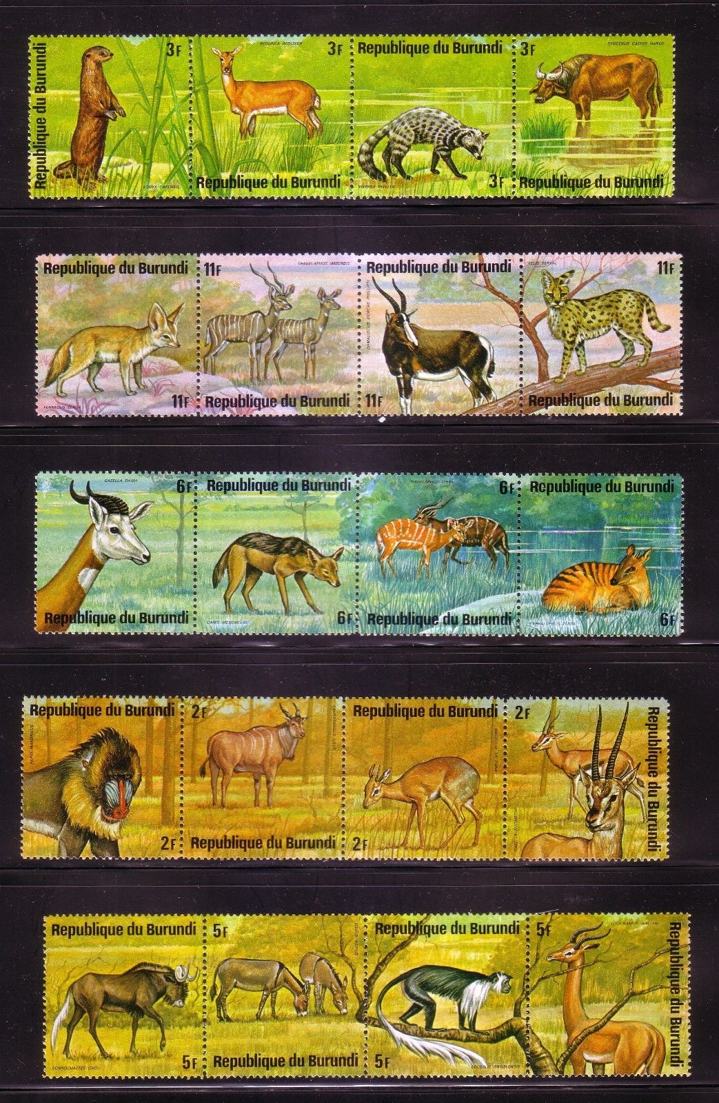 Burundi: Scott  479-484 Strips of 4, year 1975, Fauna, Mint.  BD03