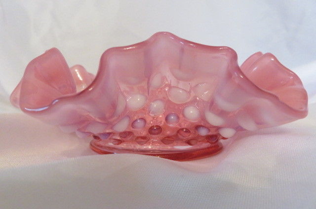 Vintage FENTON Pink/Cranberry/White Opalescent Hobnail Glass Bon Bon Candy Dish