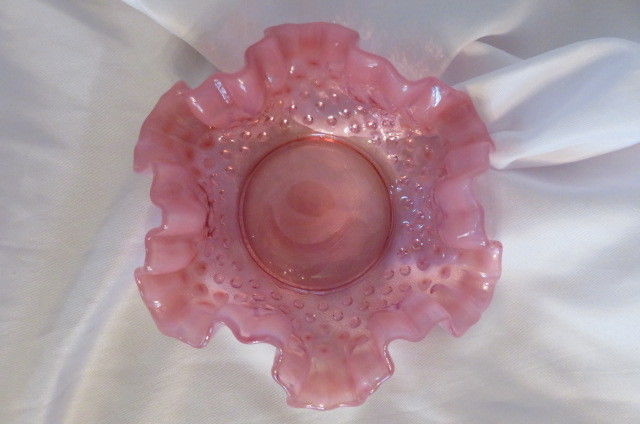 Vintage FENTON Pink/Cranberry/White Opalescent Hobnail Glass Bon Bon Candy Dish