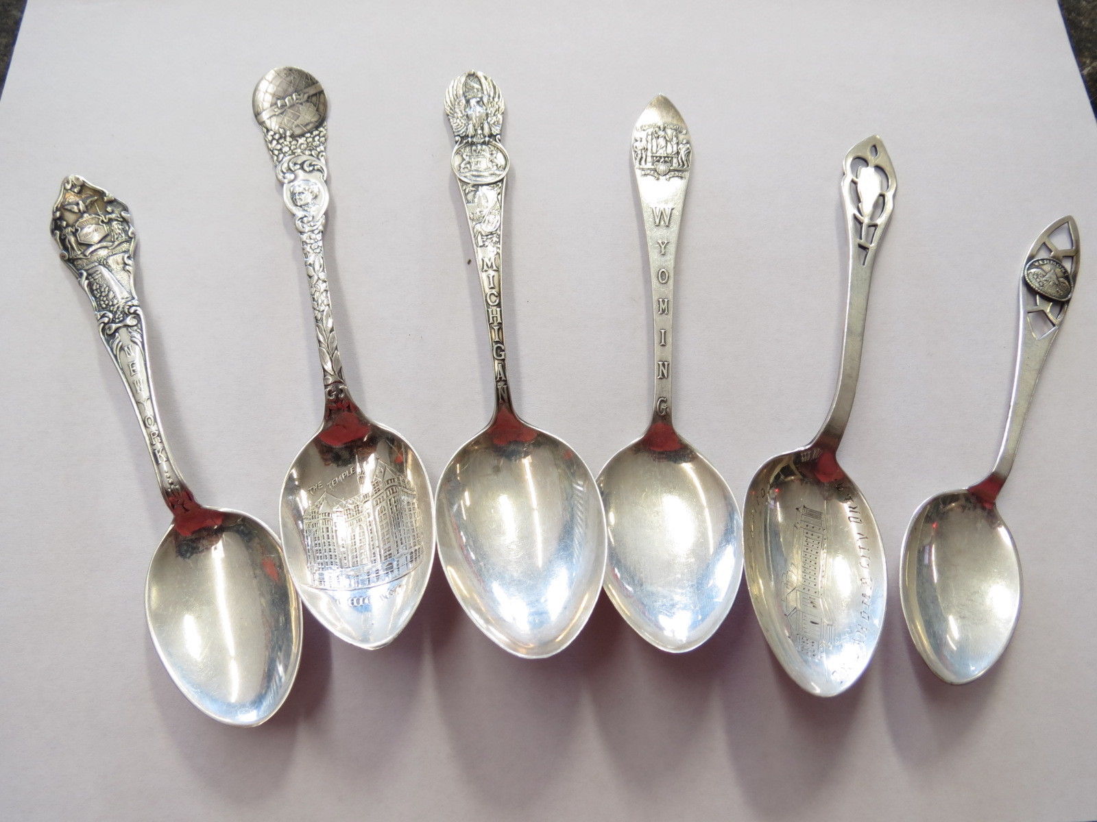 LOT OF 6 STERLING SILVER STATE SOUVENIR SPOONS NEW  YORK & MORE