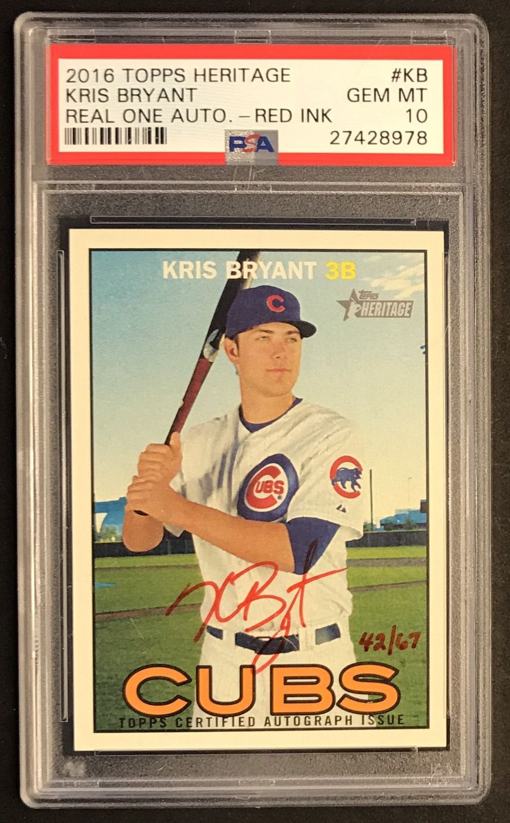 2016 Topps Heritage Kris Bryant Red Ink Auto /67 PSA 10