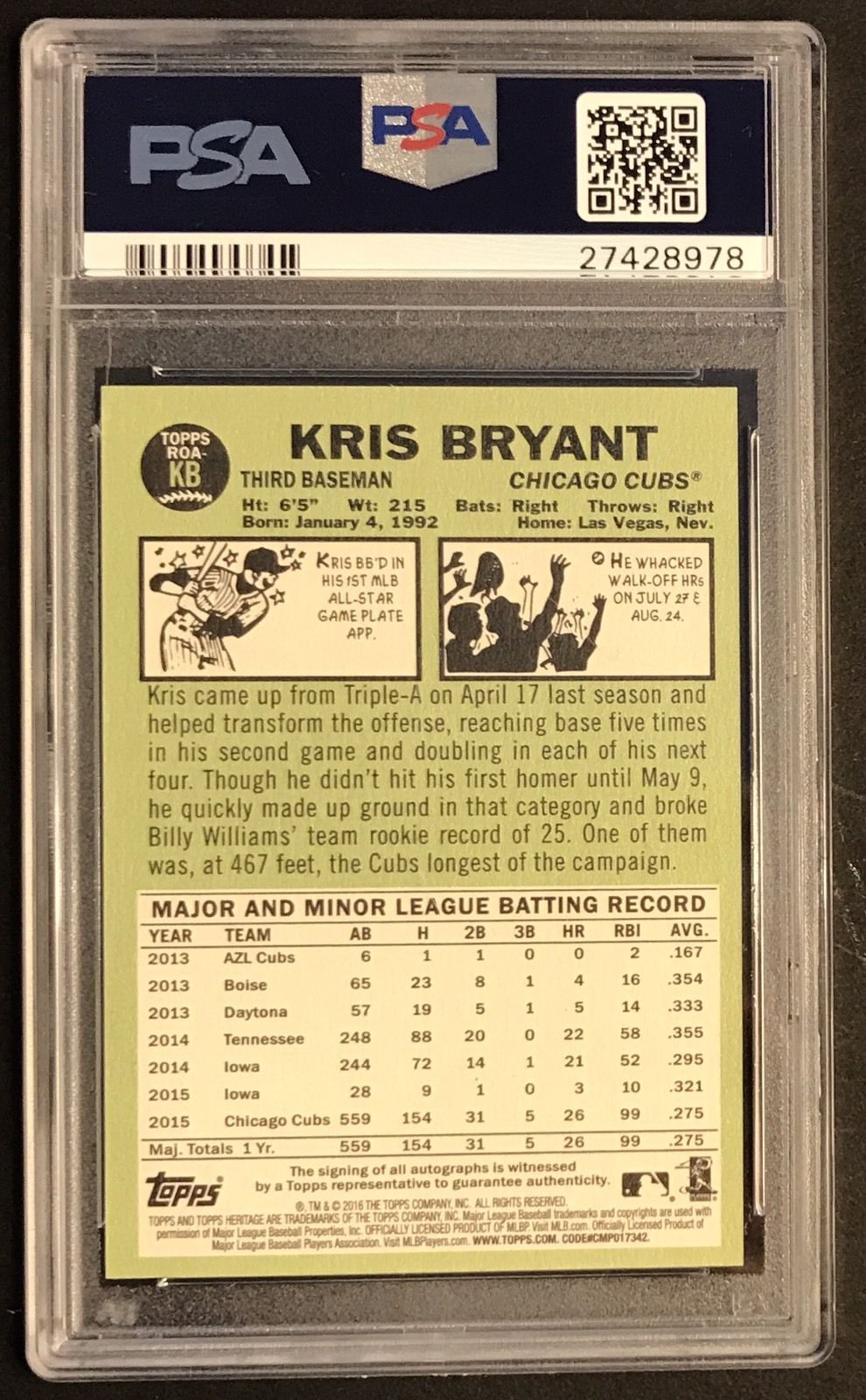 2016 Topps Heritage Kris Bryant Red Ink Auto /67 PSA 10