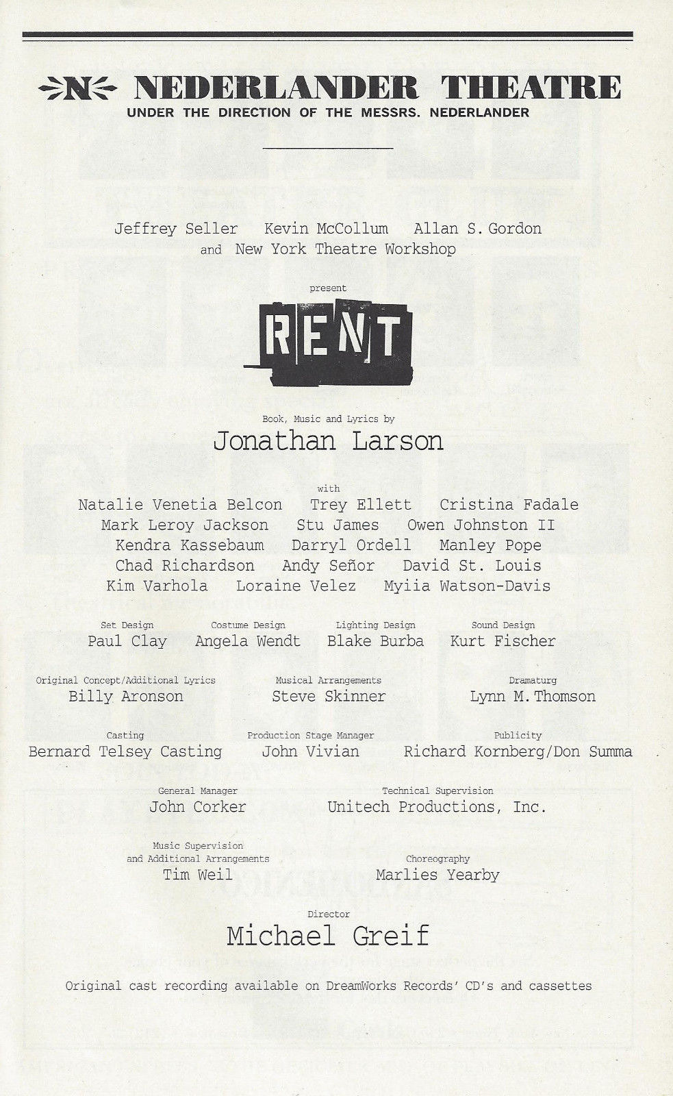 Karen Olivo "RENT" Manley Pope / Kendra Kassenbaum 2001 Broadway Playbill