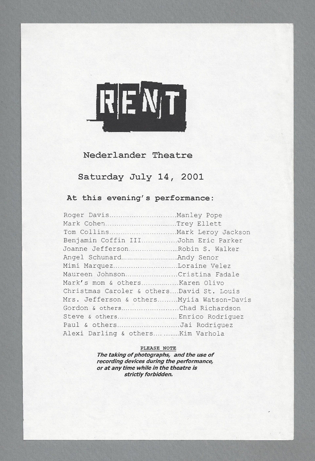 Karen Olivo "RENT" Manley Pope / Kendra Kassenbaum 2001 Broadway Playbill