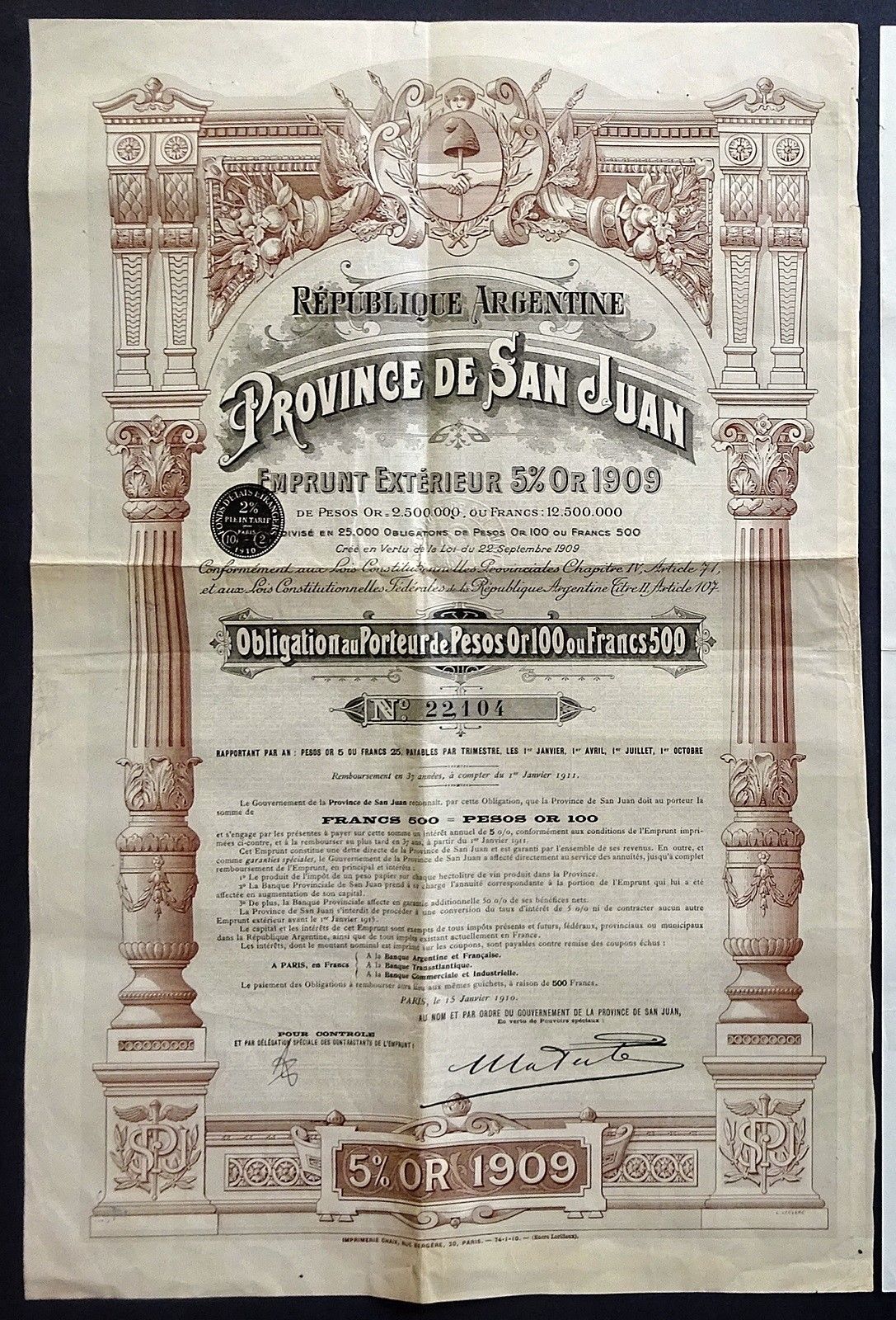 1910 Argentina: Province de San Juan - uncancelled Gold Bond w/ coupons