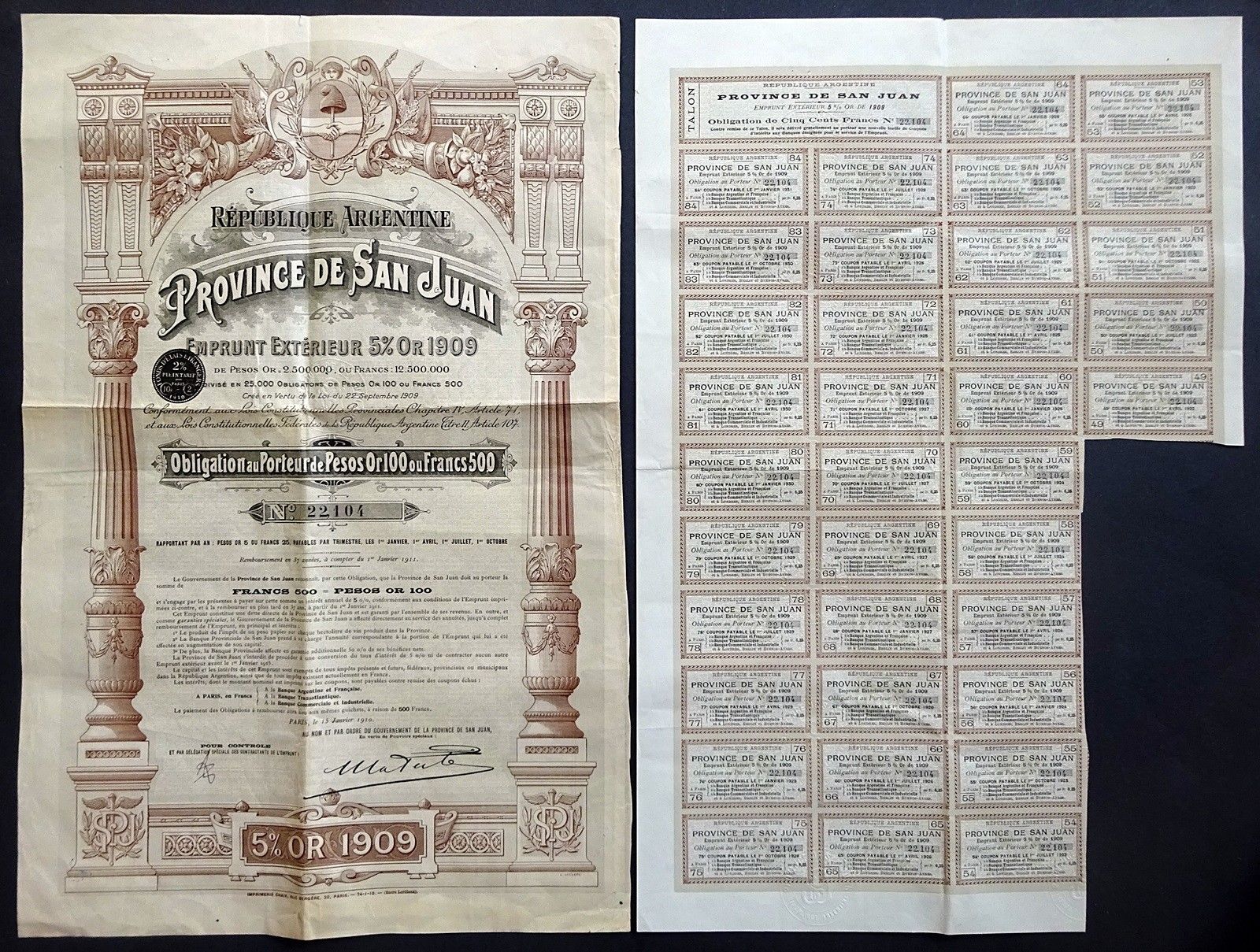 1910 Argentina: Province de San Juan - uncancelled Gold Bond w/ coupons