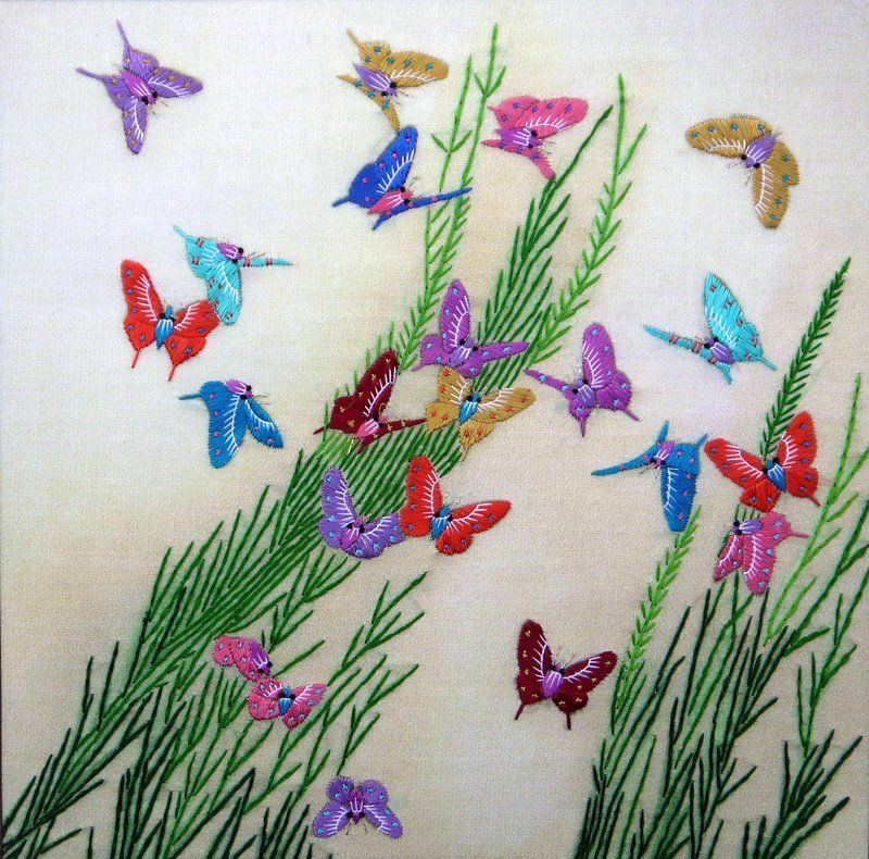 Chinese Suzhou embroidery painting butterfly birds flowers 12x12" hand-made art