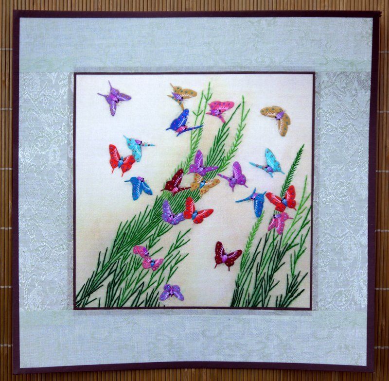 Chinese Suzhou embroidery painting butterfly birds flowers 12x12" hand-made art