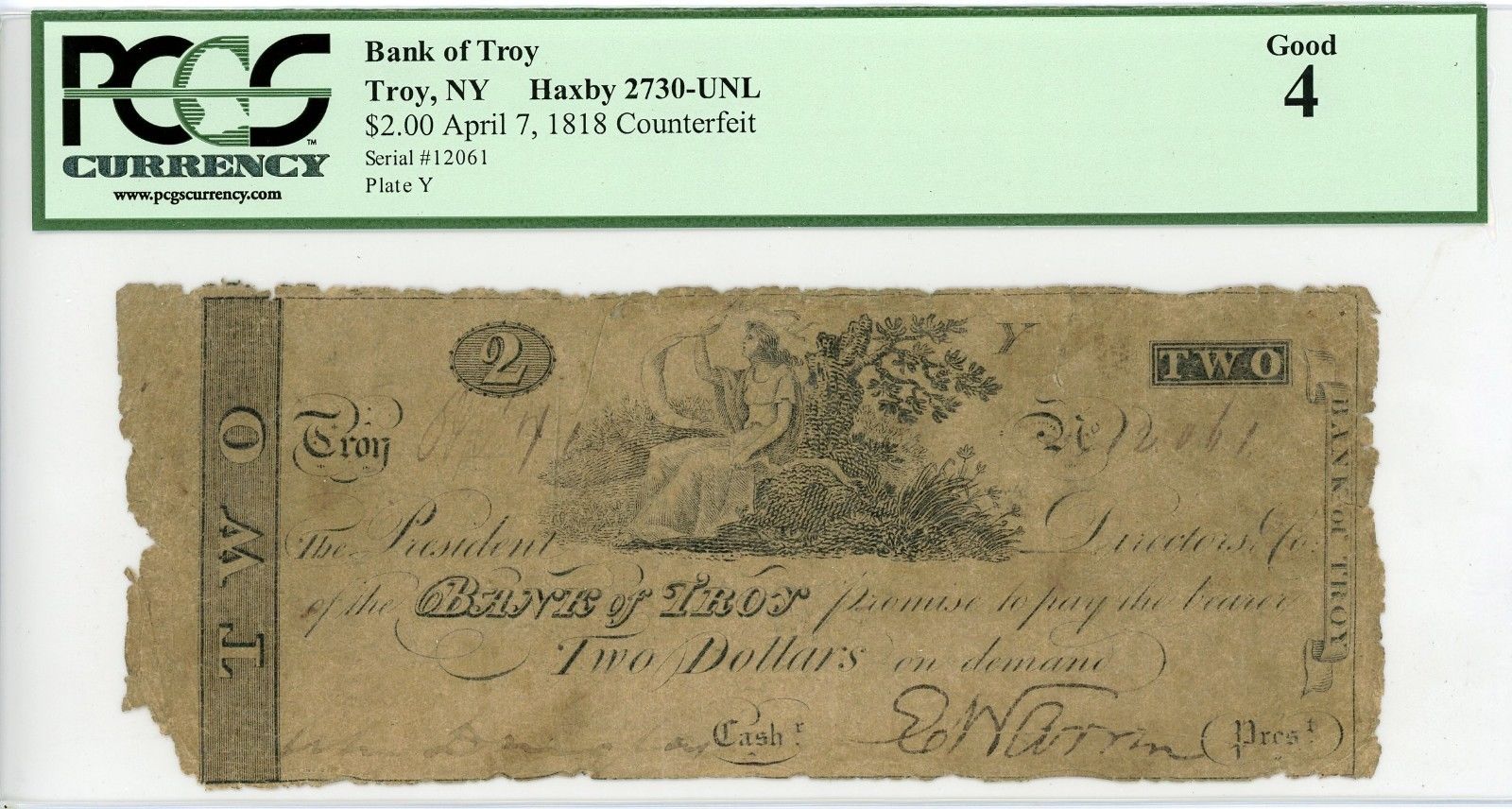 1818 $2 The Bank of Troy, NEW YORK (CTFT.) Note - PCGS Good 4