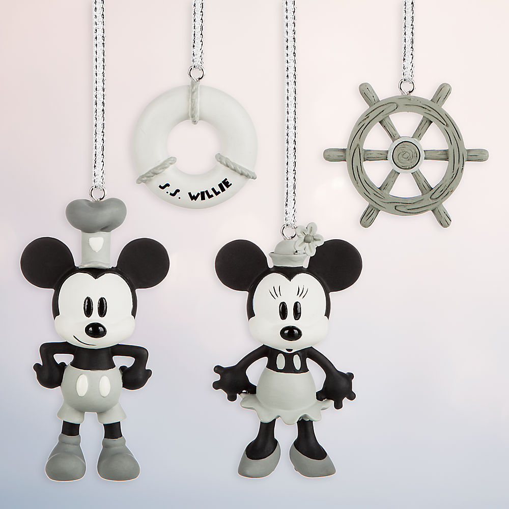 Disney Store Steamboat Willie Mickey & Minnie Mouse 4pc Christmas Ornament Set