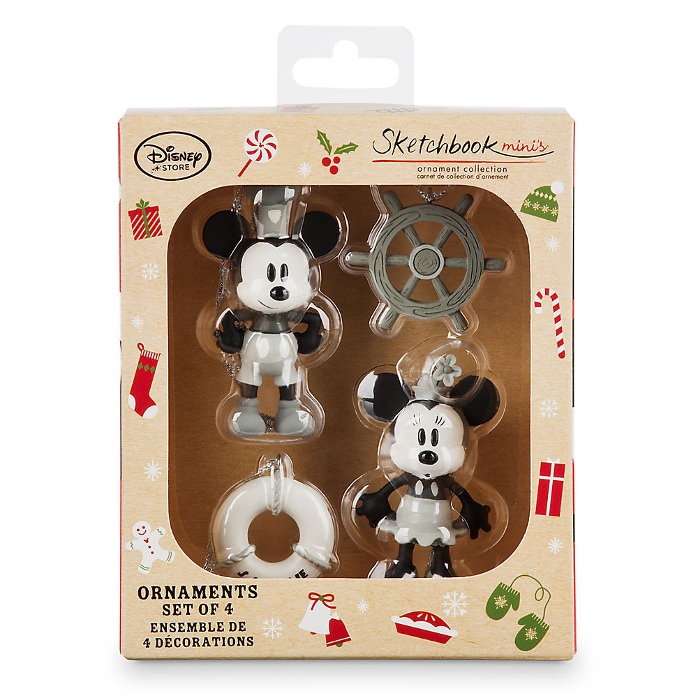 Disney Store Steamboat Willie Mickey & Minnie Mouse 4pc Christmas Ornament Set