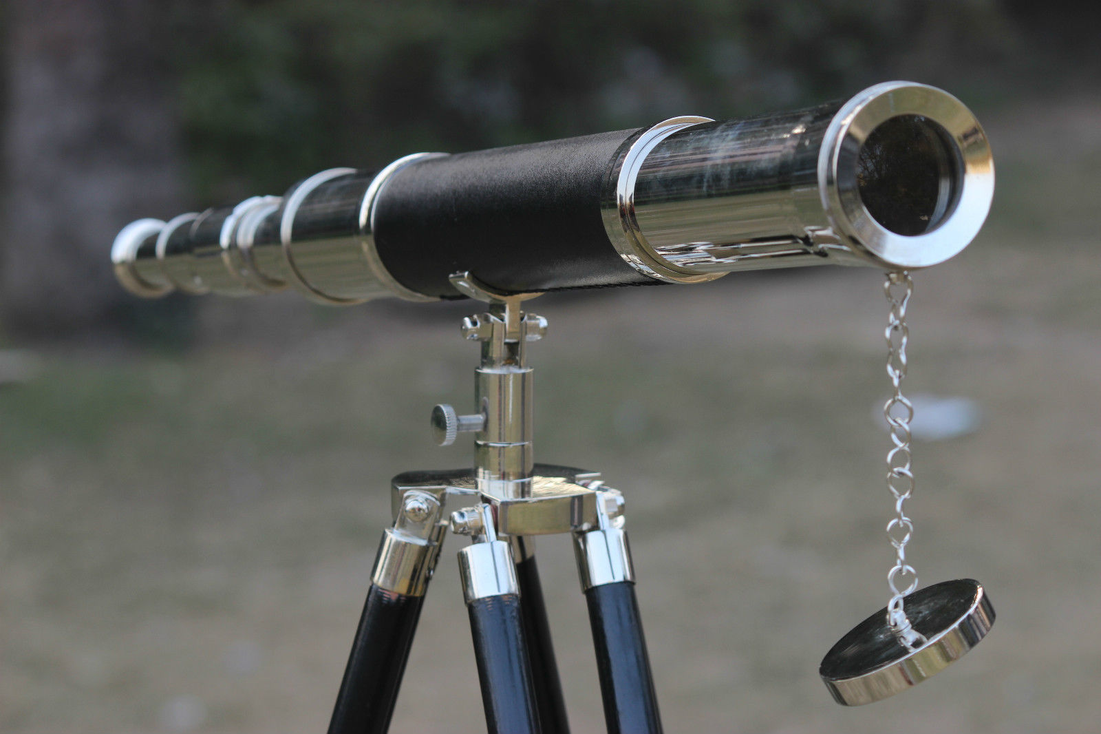 Antique Brass Telescope Nautical Wooden Black Tripod Black Leather Sailor Pirate