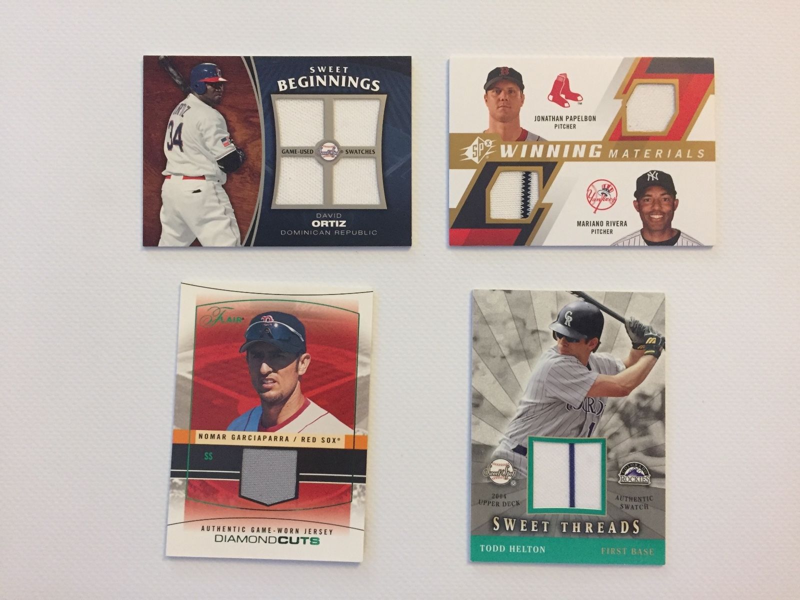 Huge 4 Game-Used Jersey Baseball Card Lot (Ortiz, Helton, Rivera, Papelbon)