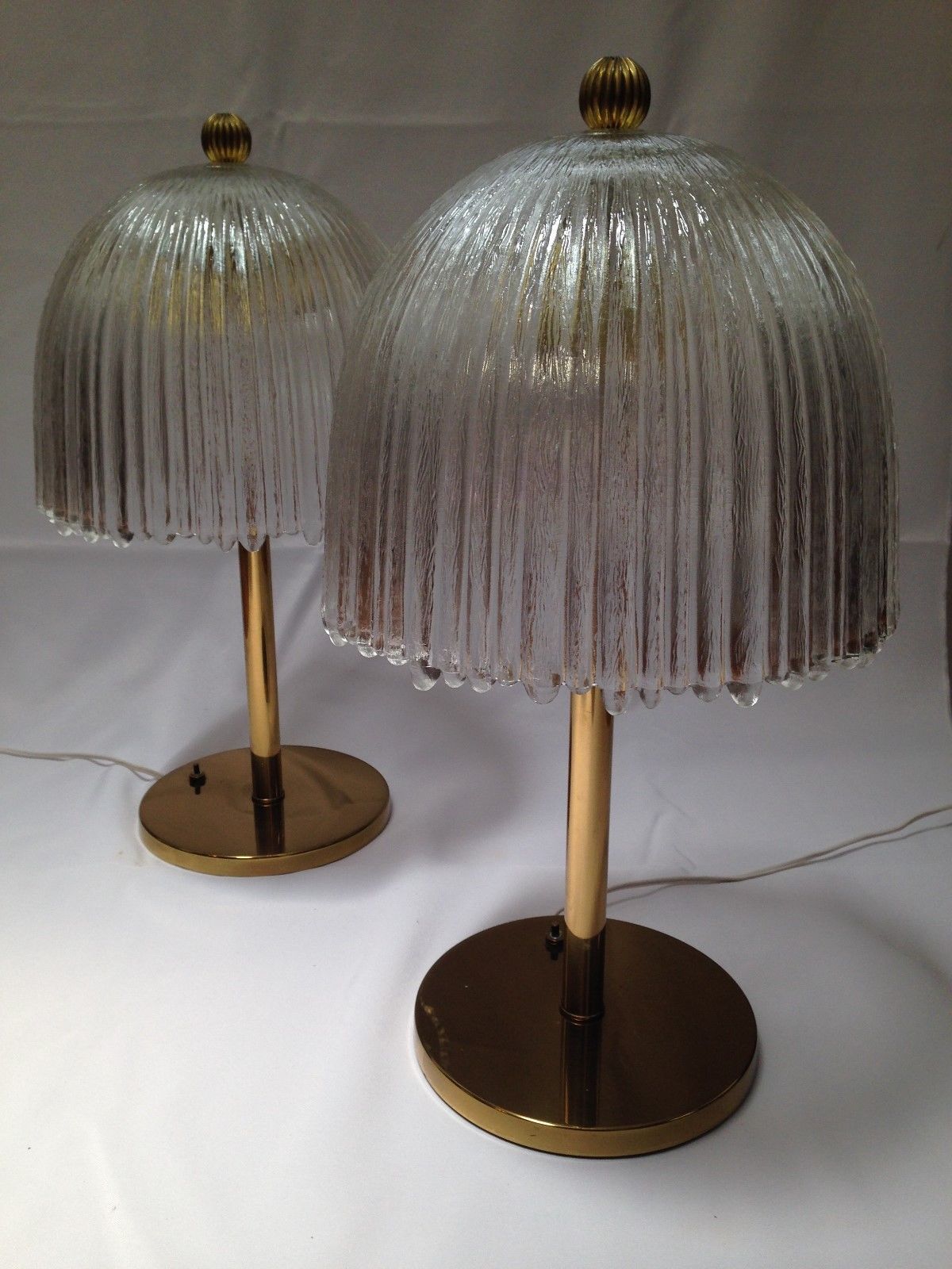 Pair Beaiiful MCM Murano Textured Ice Art Glass Lamps Brass Base