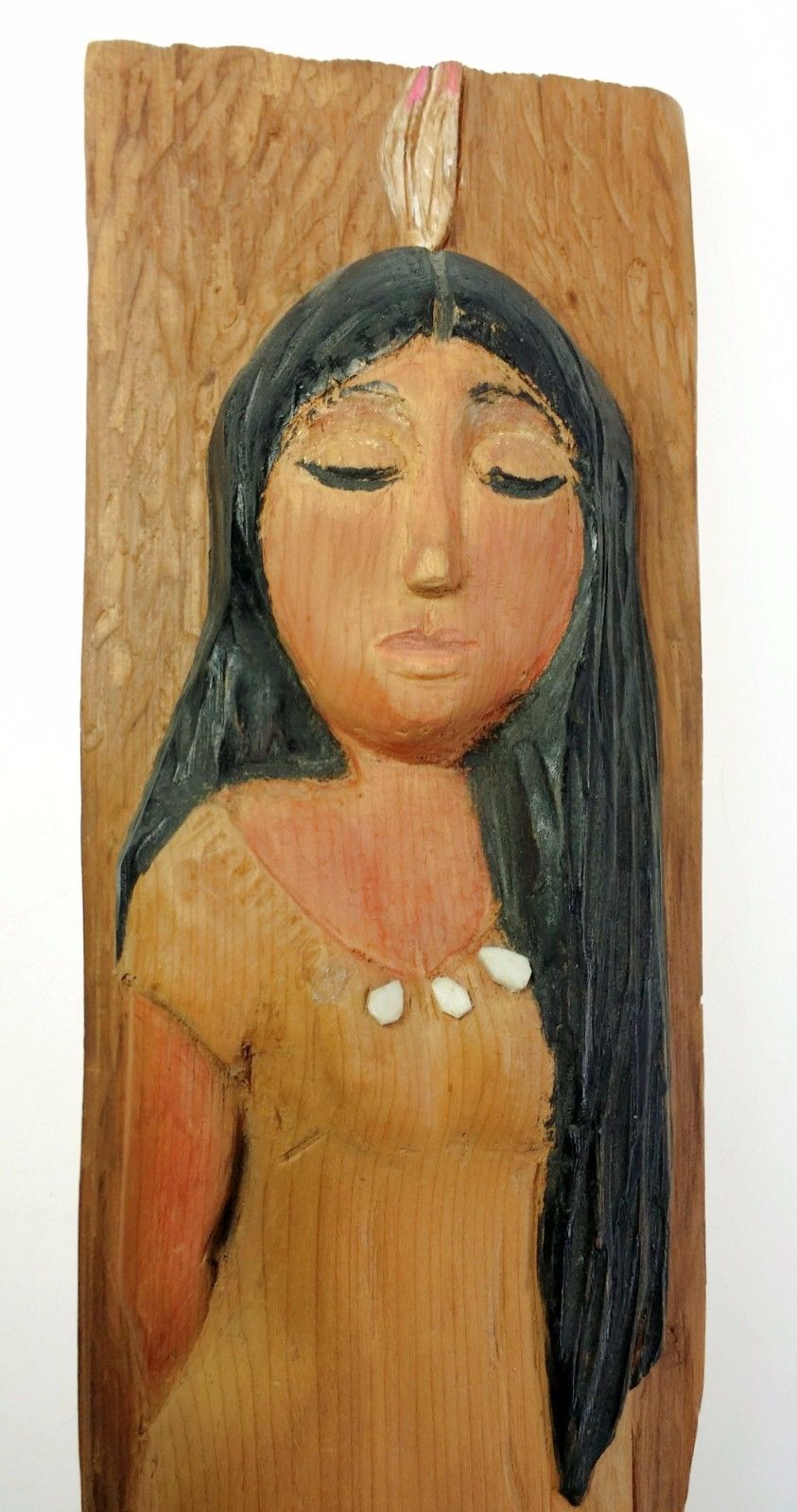 Susie Renn Hand Carved Wood Native American Girl Red Wing Wall Folk Art