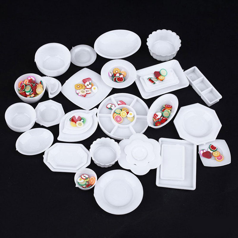 33Pcs Miniature 1/12 Scale Dollhouse Tableware Kitchen Plastic Plates Kids Set