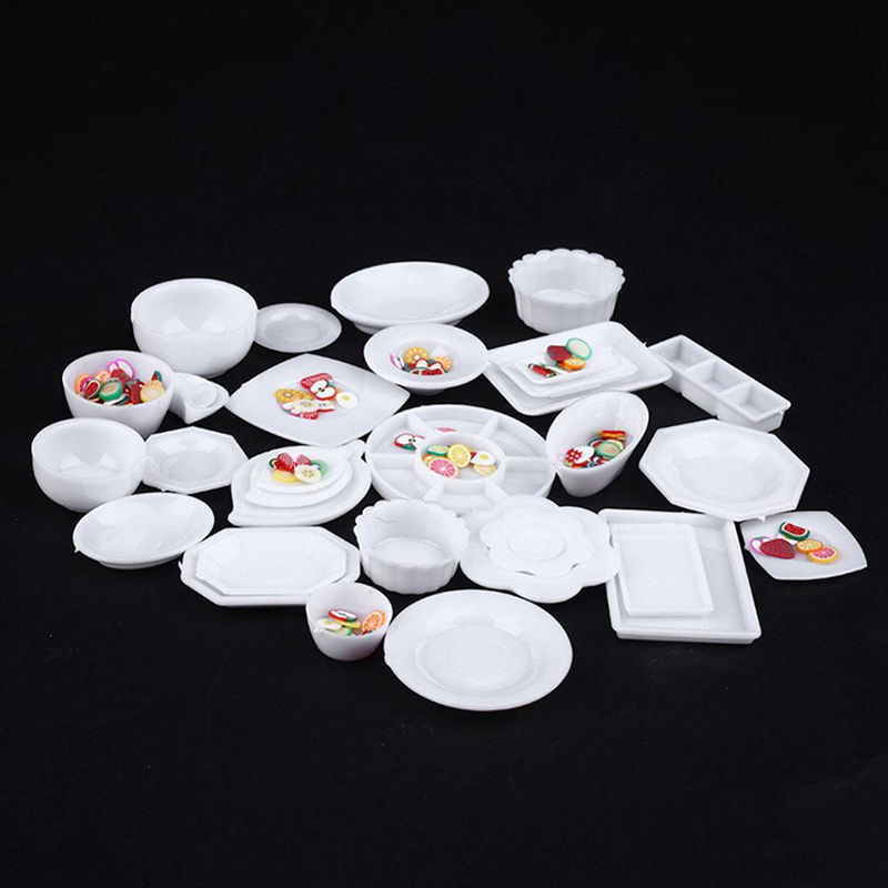 33Pcs Miniature 1/12 Scale Dollhouse Tableware Kitchen Plastic Plates Kids Set