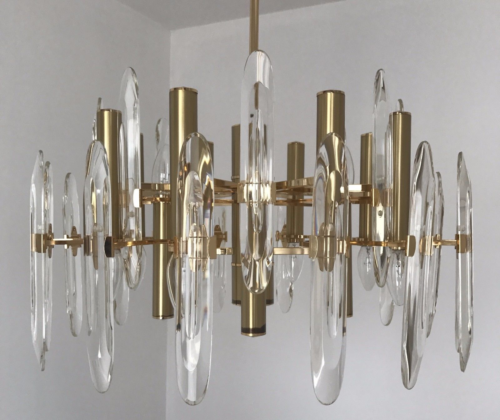 Gaetano Sciolari Crystal & Brass Chandelier Mid Century Murano Modernism Lamp