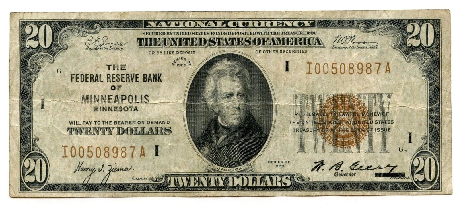 1929 $20 National Currency Note - Minneapolis Federal Reserve Bank - AL476