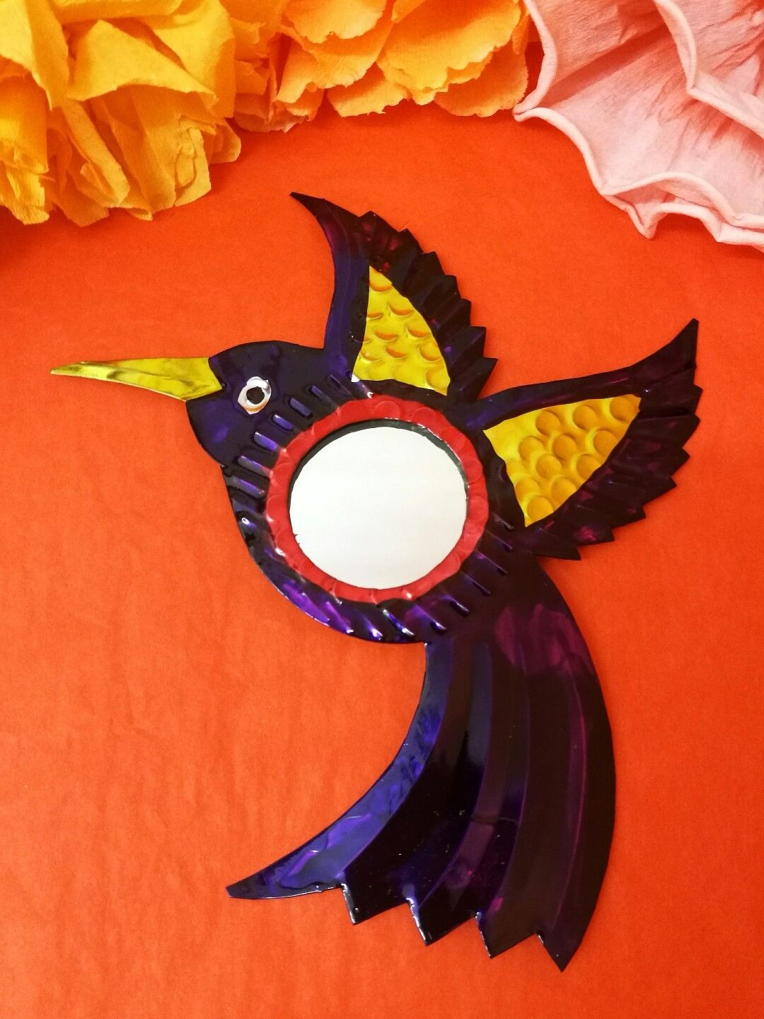 Colourful Authentic Mexican Tin Folk Art Purple Bird Mirror Hanging Decoration