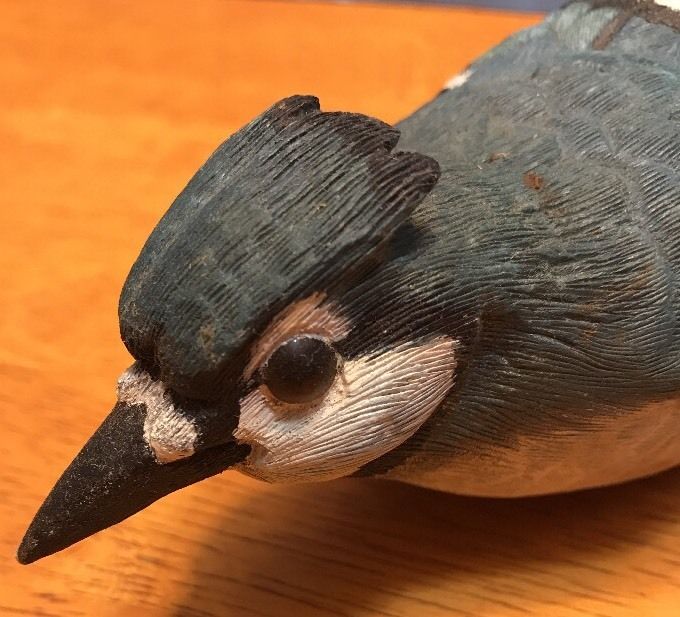 Antique Folk Art Primitive Hand Carved Painted Wooden Blue Jay Bird Decoy