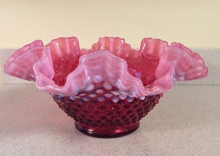 Vintage Fenton Cranberry Glass Opalescent Hobnail Ruffled Bowl- Very Pretty