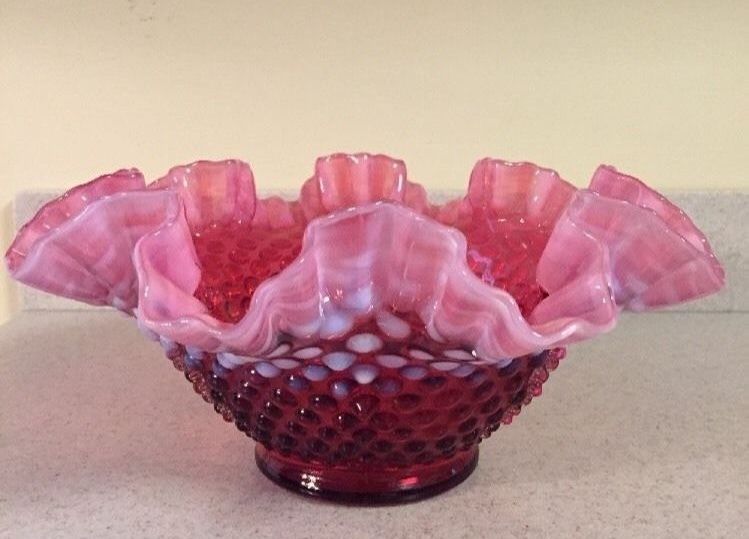 Vintage Fenton Cranberry Glass Opalescent Hobnail Ruffled Bowl- Very Pretty