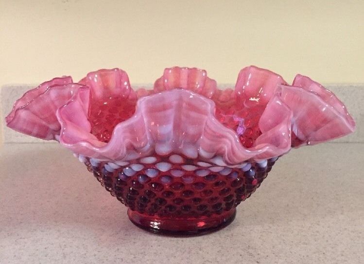 Vintage Fenton Cranberry Glass Opalescent Hobnail Ruffled Bowl- Very Pretty