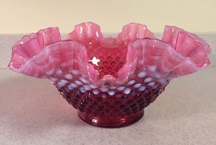 Vintage Fenton Cranberry Glass Opalescent Hobnail Ruffled Bowl- Very Pretty