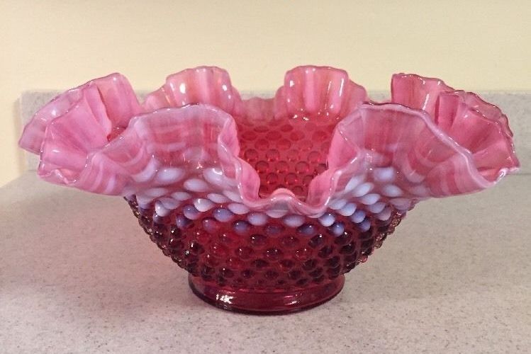 Vintage Fenton Cranberry Glass Opalescent Hobnail Ruffled Bowl- Very Pretty