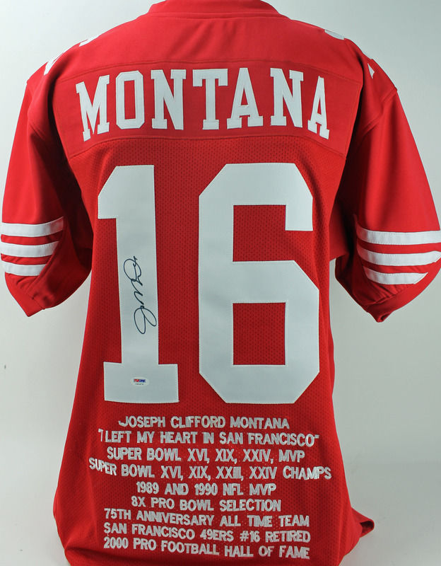 49ers Joe Montana Authentic Signed Red Jersey w/ Stats Autographed PSA/DNA