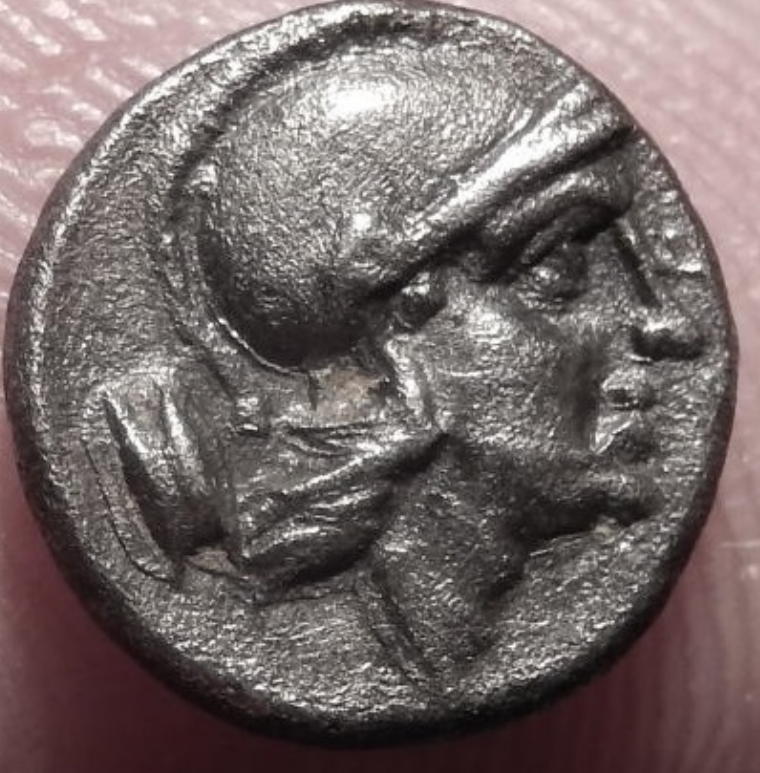 MORTOWN Selge Pisidia, 370 BC Silver Trihemiobol Medusa + Athena - high grade