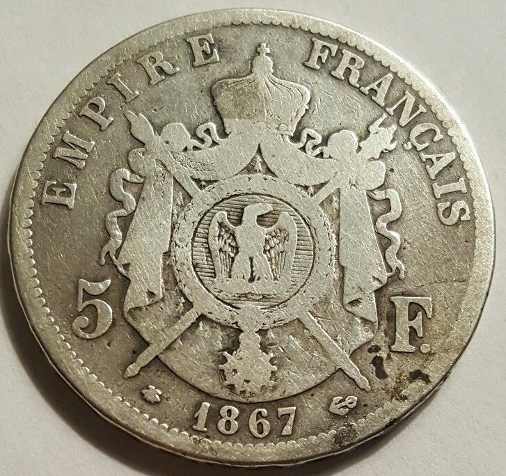 1867 A France 5 Francs Napoleon III Vintage Silver Coin By Barre