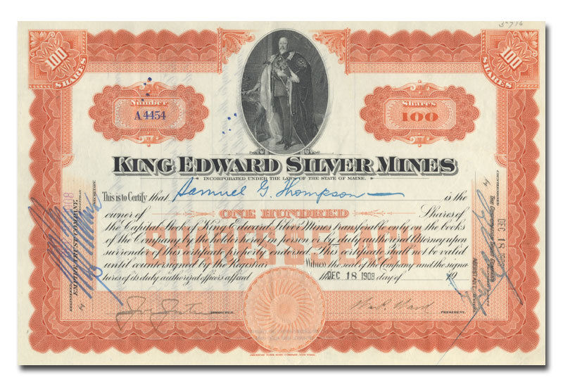 King Edward Silver Mines Stock Certificate