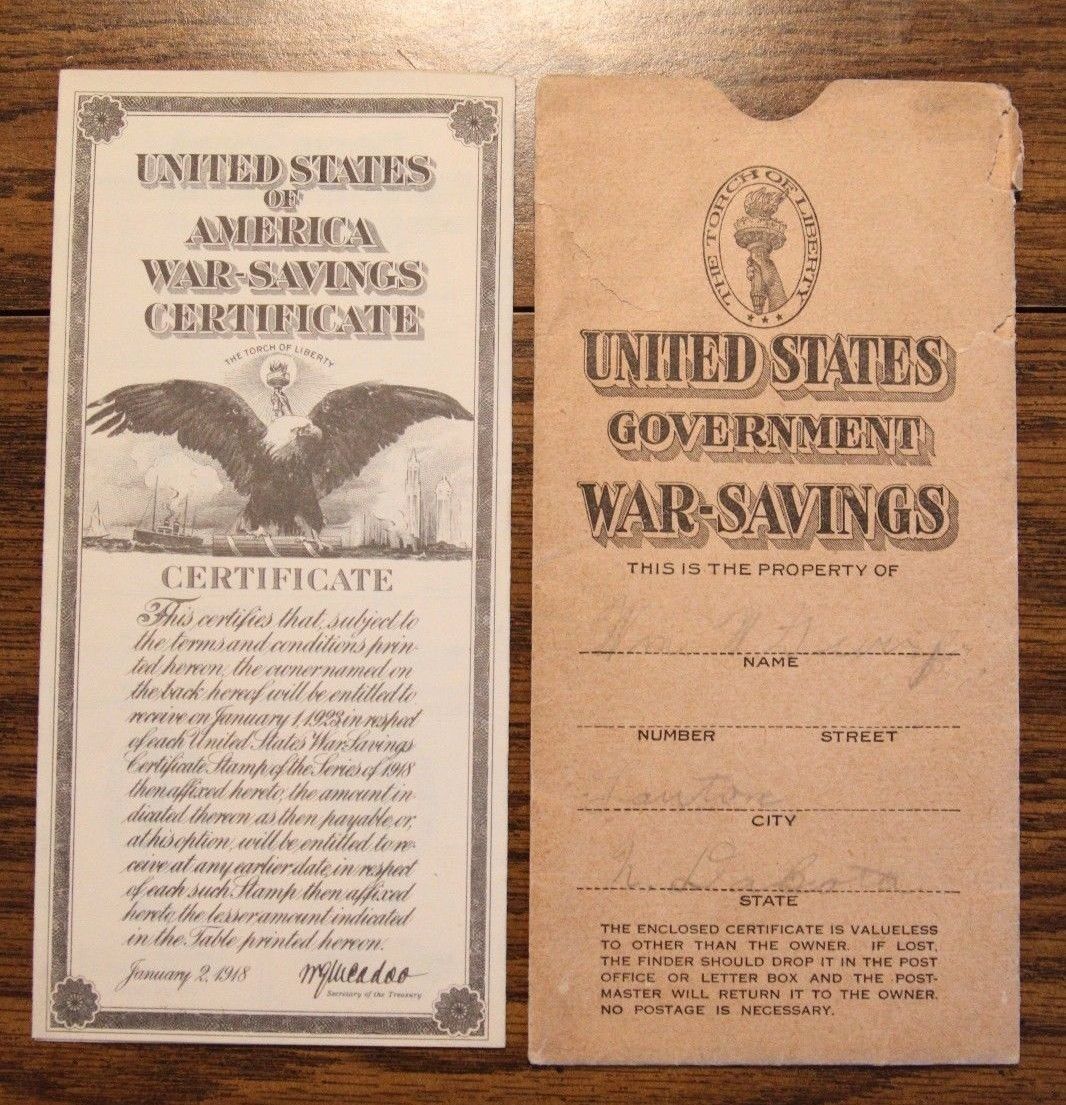 Vintage United States War Savings Certificate 1918 WWI with stamp and book