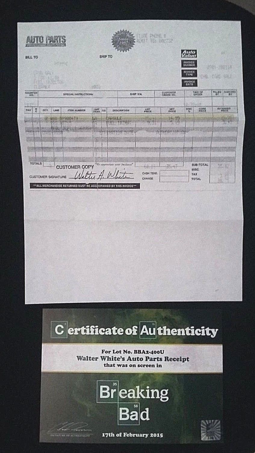 WALTER WHITE'S AUTO PARTS RECEIPT ! BREAKING BAD screen-used prop w/ SONY COA !