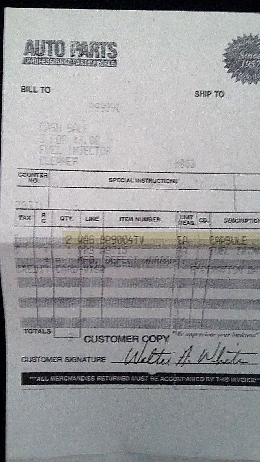 WALTER WHITE'S AUTO PARTS RECEIPT ! BREAKING BAD screen-used prop w/ SONY COA !