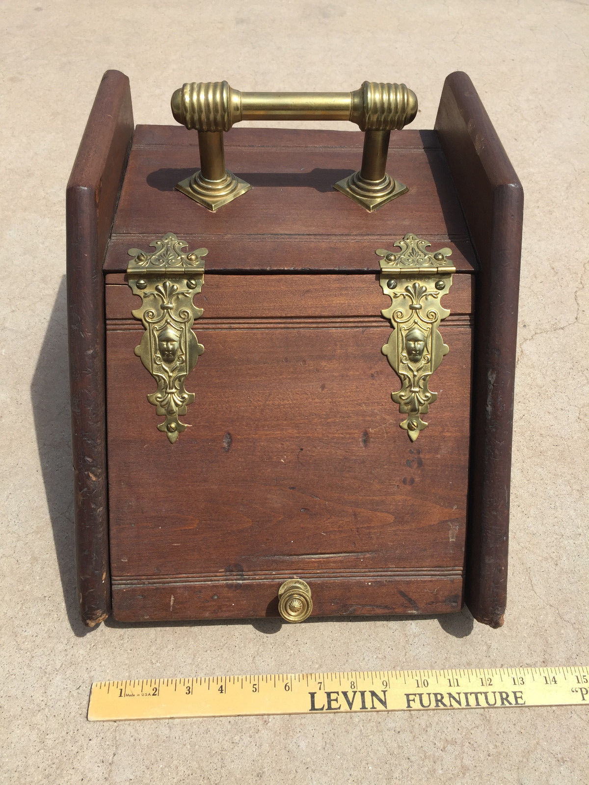 Vintage Antique English Wood Brass Coal Ash Container Bread Box Breadbox Storage
