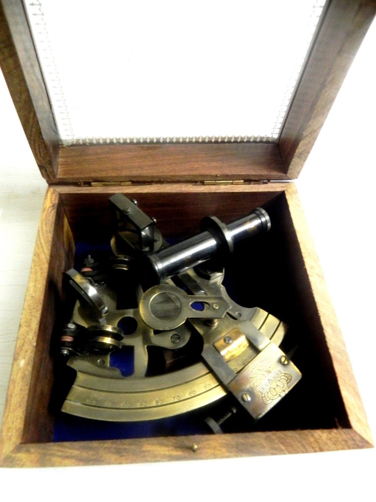 NAUTICAL MARITIME ~ BRASS SEXTANT W/ WOODEN BOX ~ SEXTANT ASTROLABE 6"