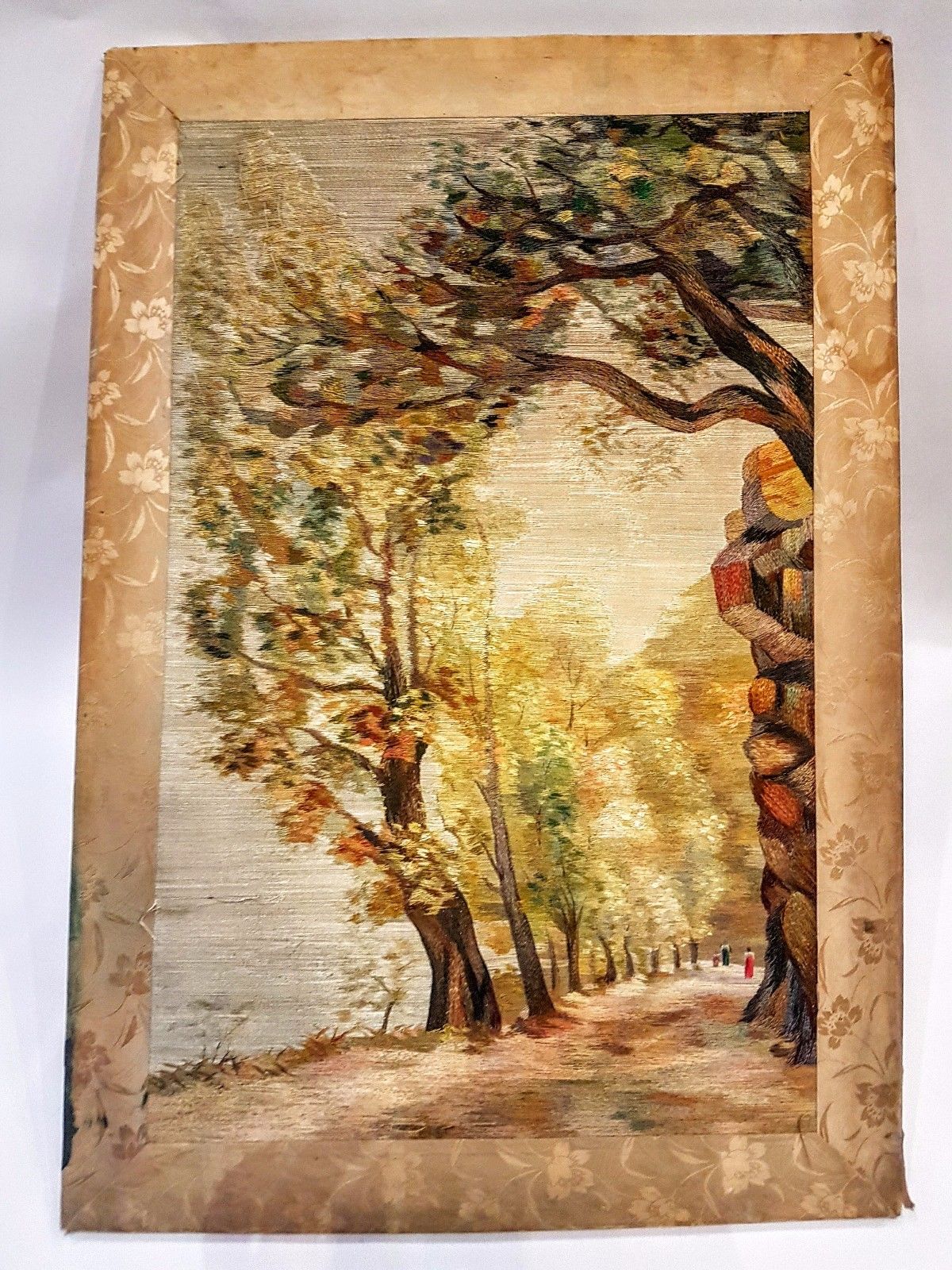 OLD ANTIQUE FRENCH SILK EMBROIDERY PAINTING  IMPRESSIONISM 19c