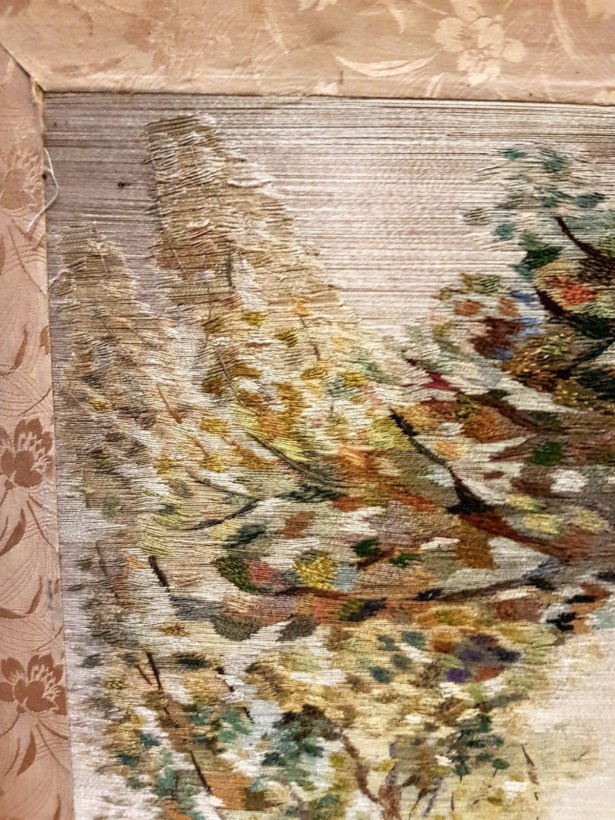 OLD ANTIQUE FRENCH SILK EMBROIDERY PAINTING  IMPRESSIONISM 19c