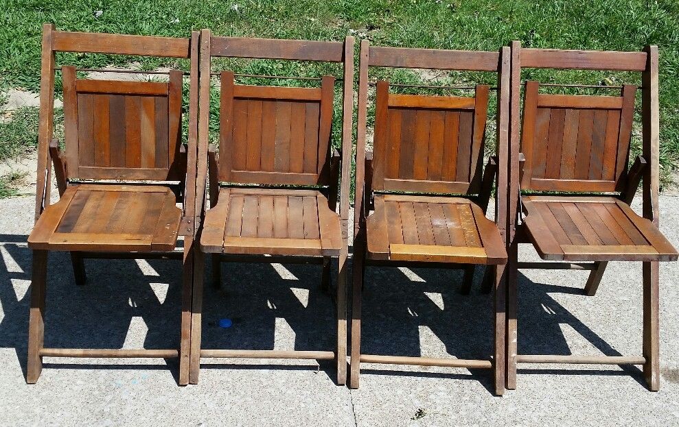 Vtg Antique Oak Wood Slat Set 4 Folding Children Chairs