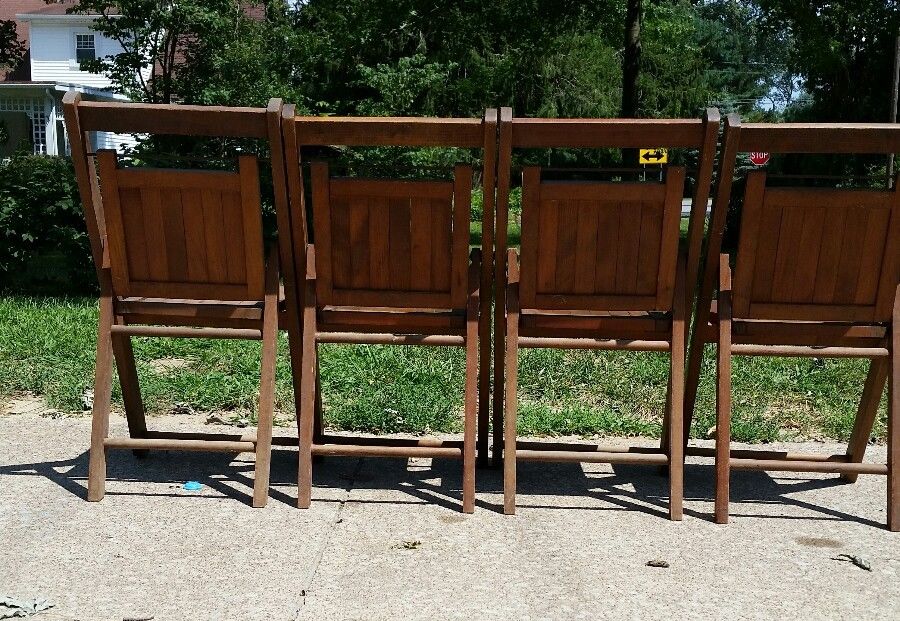 Vtg Antique Oak Wood Slat Set 4 Folding Children Chairs