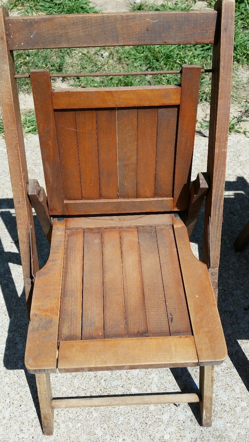 Vtg Antique Oak Wood Slat Set 4 Folding Children Chairs