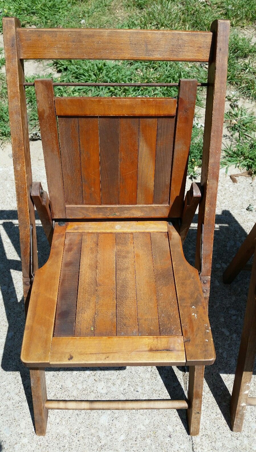 Vtg Antique Oak Wood Slat Set 4 Folding Children Chairs