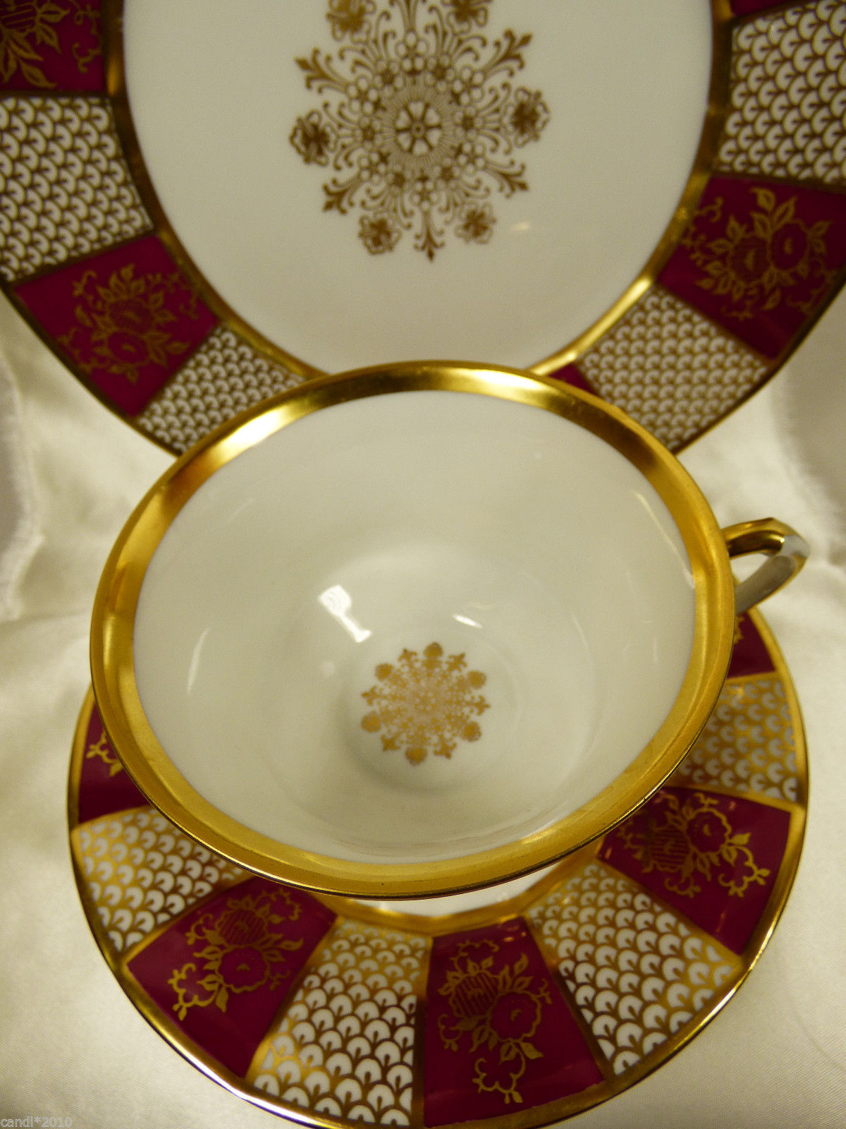 FURSTENBERG GERMANY PORCELAIN 3 piece CUP SAUCER DESSERT PLATE SET GOLD RED