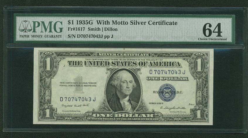 U.S. 1935-G  $1 SILVER CERTIFICATE BANKNOTE  WITH MOTTO, CERTIFIED PMG CU-64